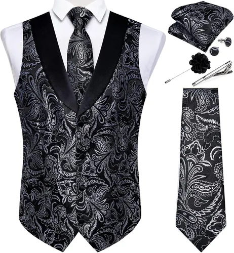 Vista 12 de DiBanGu Chaleco de traje de cachemira para hombre, chaleco jacquard de seda y corbata, chaleco formal de cuello de chal, 7 piezas para fiesta