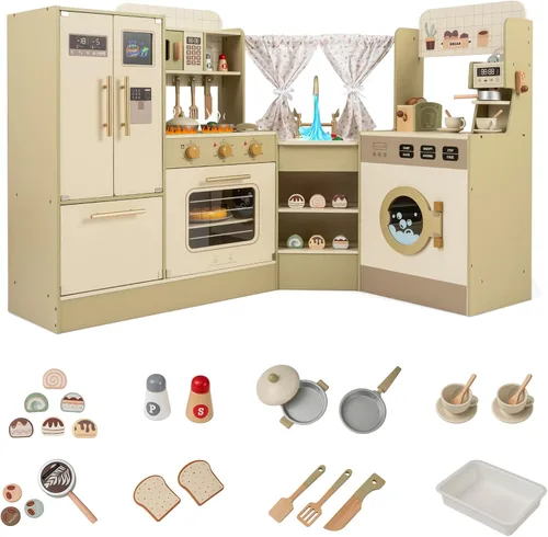 Vista 9 de Costzon Juego de cocina para niños, juego de cocina de juguete de simulación para niños pequeños con luces y sonidos reales, fregadero y grifo