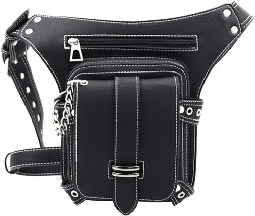 Vista 2 de Riñonera gótica, punk, táctica, para exteriores, bicicleta, motocicleta, ciclismo, senderismo, riñonera para cadera/muslo, bolsa de hombro negra