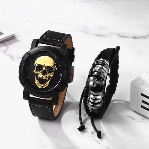 Vista 3 de Pulsera de reloj de cuero con calavera Reloj de pulsera gótico gótico para hombre Steampunk Goth para mujer