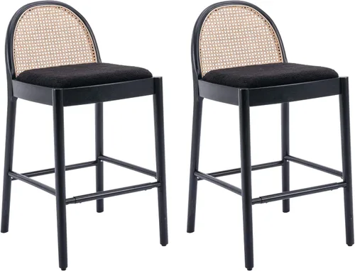 Vista 23 de HEAH-YO Taburetes de bar de ratán, juego de 2, taburetes de barra de 26 pulgadas de altura de mostrador con respaldos de ratán y patas de madera