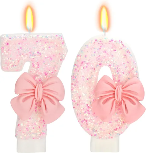 Vista 23 de Vela de cumpleaños para pastel, vela 0 - purpurina rosa con lazo, vela de feliz cumpleaños de 2.76 pulgadas, adorno superior de pastel para fiestas