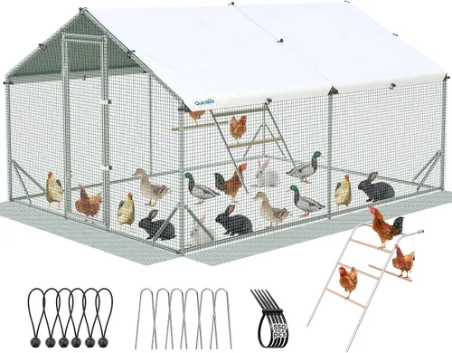 Vista 14 de Quictent - Gallinero de metal grande para más de 30 aves de corral con paño plateado
