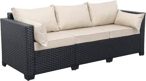 Vista 8 de Rattaner Muebles de patio, sofá de mimbre de 3 asientos, muebles de exterior, sofá de exterior, asiento profundo, respaldo alto, funda impermeable