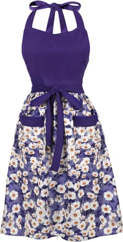 Vista 11 de Bonitos delantales florales para mujer con bolsillos, delantal de algodón ajustable con correa para el cuello para cocina, cocina, hornear