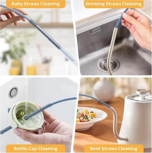 Vista 3 de Juego de cepillos para limpiar botellas y popotes, cepillo de silicona para botellas con mango resistente para botellas de agua, vasos, biberones