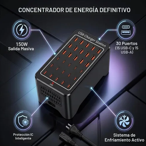 Vista 2 de Estación de carga USB C de 150 W, cargador rápido de múltiples dispositivos de 30 puertos (15 USB-C + 15 USB-A), cargador de escritorio, compatible