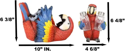 Vista 3 de Ebros Gift Paquete de 2 saleros y pimenteros con diseño de selva tropical de río rojo escarlata, guacamayo, pájaro, salero y pimentero y botellero