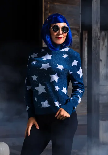 Vista 4 de Disfraz de Suéter Azul con Estrellas para Adulto de Coraline Multicolor