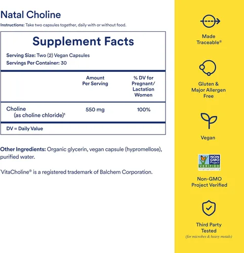 Vista 3 de Suplemento de Colina Ritual Natal, 550mg, Apoya la función cognitiva del bebé cuando se toma durante el embarazo y el contenido de colina