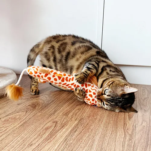 Vista 5 de TTcat - Juguete grande de 11.42 pulgadas con forma de jirafa Silvervine para gato, almohada masticable con cola de campana, juguete interactivo