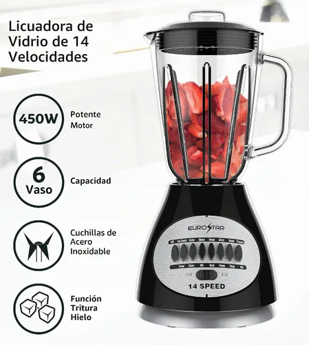 Vista 4 de EUROSTAR Batidora de tarro de vidrio de 14 velocidades de 450W (NEGRO)