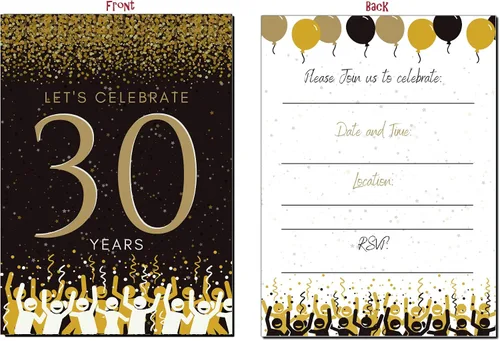 Vista 2 de Elcer Invitaciones para fiesta de cumpleaños número 30 Celebración de 30 años Feliz aniversario 5 x 7 Negro y dorado Estilo de relleno