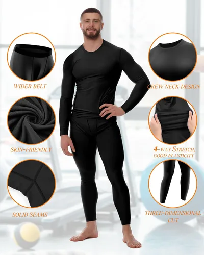 Vista 4 de Hicarer Juego de 4 piezas de ropa interior térmica para hombre, pantalones de compresión, camisas de manga larga, capa base, secado rápido, parte