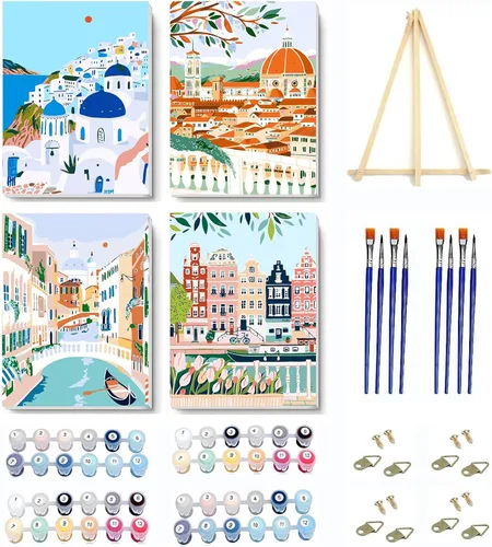 Vista 15 de VIGEGU Paquete de 4 pinturas por números para adultos, lienzo enmarcado, con caballete de madera, pintura por números para niños de 8 a 12 años