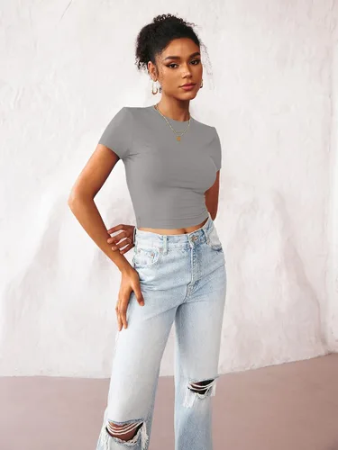 Vista 4 de TECREW Camiseta corta de verano para mujer, de manga corta, estilo casual, básica, cuello redondo, ajustada