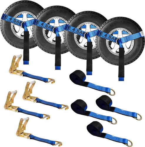 Vista 9 de Mega Cargo Control Juego de 4 correas de lazo de anillo D de elevación de rueda de 2 pulgadas x 10 pies con (4) trinquetes de 2 pulgadas, (4)