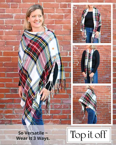 Vista 3 de Top It Off 3-in-1 Wrap - Womens Convertible Shawl - Versatile, Stylish Design - Button & Fringe Detail - Wear as a Poncho