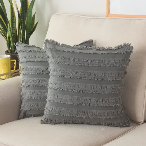 Vista 25 de GYROHOME Paquete de 2 fundas de almohada de algodón y lino, fundas de cojín decorativas, diseño de borlas, fundas de cojín modernas con flecos Beige