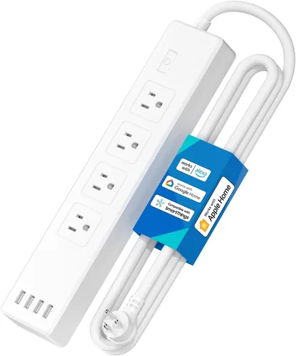 Vista 10 de Meross Regleta inteligente compatible con Apple HomeKit, Siri, Alexa y Google Home, protector de sobretensiones WiFi con 3 salidas de CA, 4 puertos