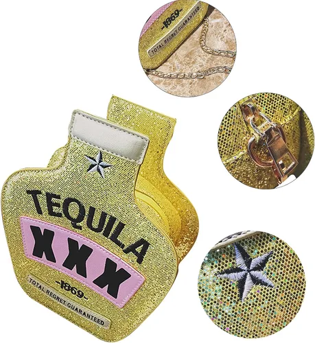 Vista 4 de Fozehlad Women Cute Sequins Crossbody Bags Tequila Bottle Shaped Shoulder Handbags Elegant Evening Purse for Girls