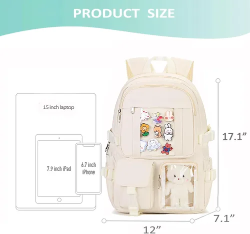 Vista 3 de Mochila Kawaii PRLINJSK para Niñas Adolescentes, Linda Mochila Estética para Escuela Secundaria Superior y Universidad con Accesorios, Verde claro