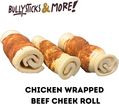 Vista 2 de BULLYSTICKS & MORE Rollos de carrillera de res de 5-6" para perros (envueltos en pollo - 3 unidades) - Huesos de carrillera de res para perros