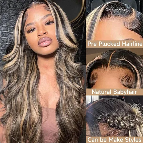 Vista 5 de Lemoda FB/27 Balayage - Pelucas de cabello humano con encaje frontal de 13 x 6 pulgadas, color degradado, ondulado, HD, transparente, encaje