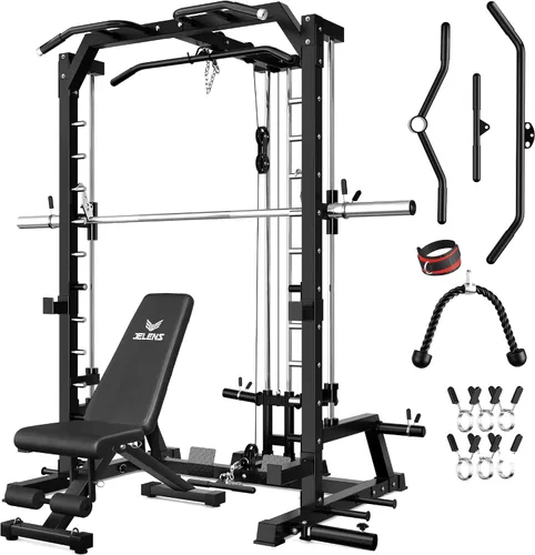 Vista 20 de JELENS SR01 Smith Machine, jaula de potencia multifunción de 2000 libras con sistema de extracción LAT, estante para sentadillas todo en uno