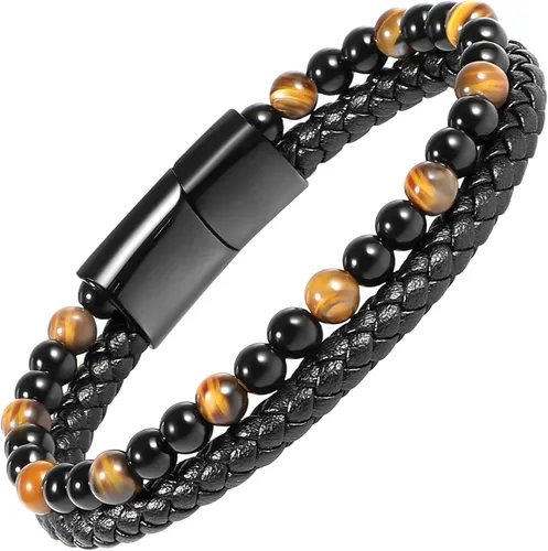 Vista 8 de Pulsera de cuero negro de ojo de tigre para hombre, piedra preciosa de ojo de tigre natural, joyería hecha a mano, pulsera de protección