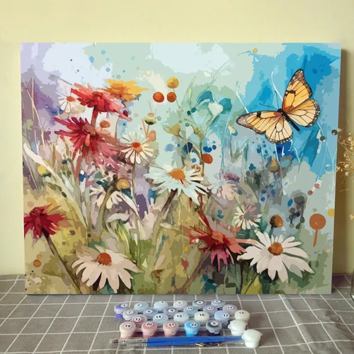 Vista 21 de Tucocoo Kits de pintura de paisaje de girasoles por números con pinceles y pigmento acrílico sobre lienzo para adultos, patrón de mariposas y flores