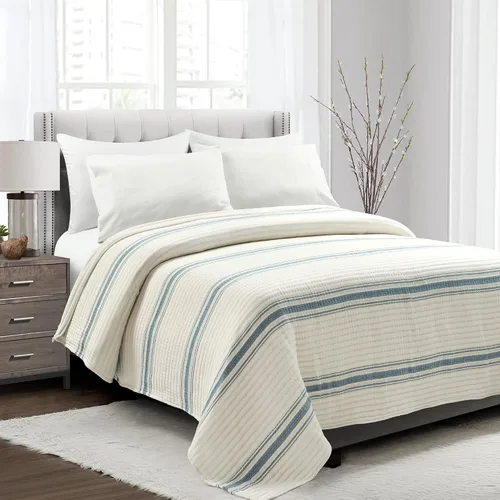 Vista 2 de Lush Decor Colcha/Cubrecama de Algodón Tejido con Puntada Pick Stitch Kantha de Rayas Estilo Granja, 104" An x 90" L, King, Azul - Ropa de Cama a