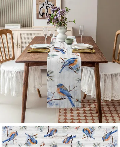 Vista 3 de Snowy Bird Table Runner-Cotton Linen-36 Inch Holiday Dresser Scarves, Christmas Farmhouse Wood Grain Berry Tablerunner for Kitchen Coffee/Dining