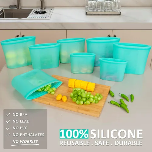 Vista 2 de Bolsas reutilizables para alimentos, paquete de 8, 100% bolsas de almacenamiento de alimentos de silicona con cierre de cremallera, aptas