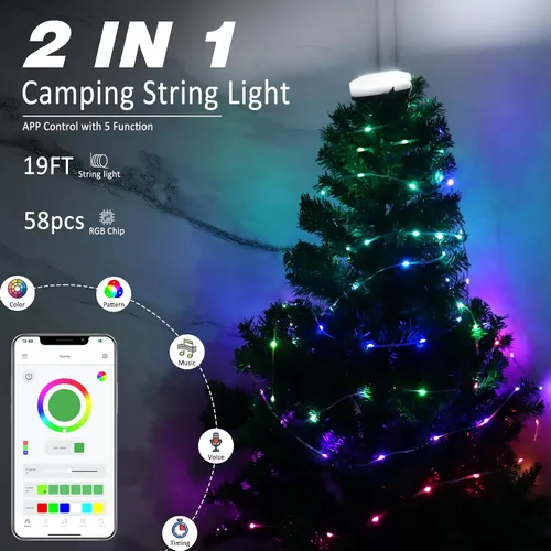 Vista 2 de DIBMS Paquete de 1 Cadena de Luces LED para Acampar con Control por App, 19 pies, recargable, multicolor, impermeable, luz colgante para acampar al