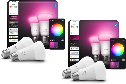 Vista 8 de Philips Hue Bombillas LED inteligentes A19 – Bombillas de 75 W sin parpadeo – Control con Hue App – Compatible con Alexa, Google Assistant y Apple