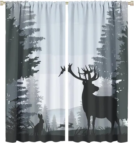 Vista 39 de Cortinas opacas con diseño de ciervos, bosque brumoso, rústico, vida silvestre, alce, montaña, pájaros, pino, bosque, cortinas de ventana