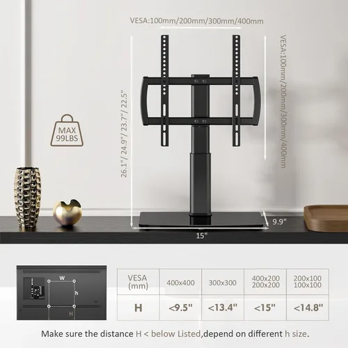 Vista 8 de Soporte universal giratorio/de mesa para TV de 27 a 60 pulgadas con giro de 80 grados, base de vidrio templado resistente de 4 niveles de altura