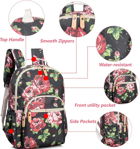 Vista 114 de Leaper Mochila para laptop para mujer: linda mochila floral para escuela, universidad, viajes, trabajo, mochila ligera para niños, Negro margarita