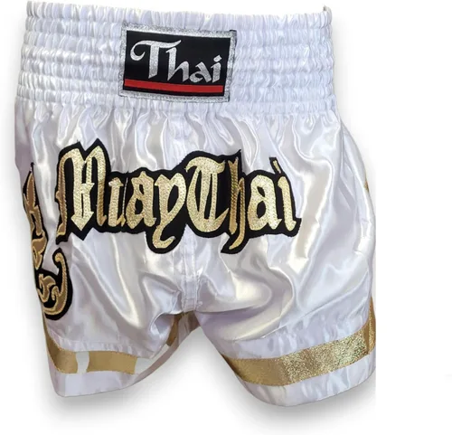 Vista 4 de MMA Boxeo Muay Thai Shorts en satén blanco negro oro corte letras