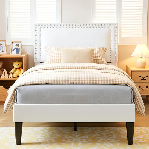 Vista 129 de VECELO Base de cama de plataforma de tamaño individual con cabecera tapizada de altura ajustable, base de colchón moderna, soporte de listones
