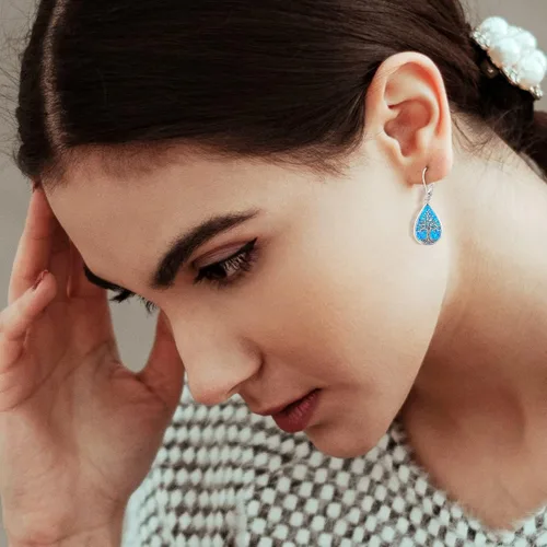 Vista 289 de Aretes colgantes de plata de ley con diseño de árbol de la vida, flor, abeja, animales, gato, colibrí, piedra lunar, turquesa, aretes con cierre