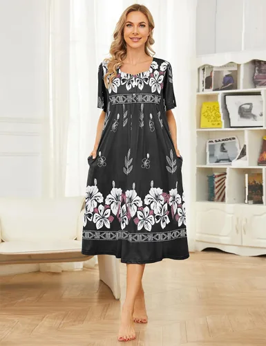 Vista 4 de Bloggerlove Camisón hawaiano para mujer, vestido de casa hawaiano Muumuu con estampado de tumbona, vestido de patio con bolsillos Moomoo