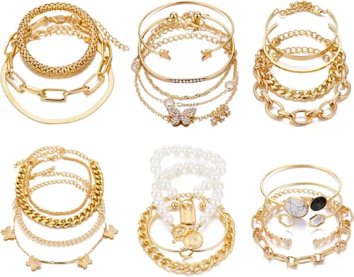 Vista 9 de IFKM Juego de 6 pulseras de cadena de oro bohemio para mujer, chapado en oro de 14 quilates, múltiples capas, apilables, abiertas, con eslabones