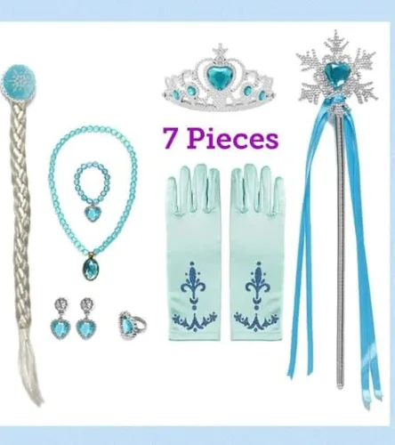 Vista 5 de Disfraz de Elsa Frozen, vestido de lentejuelas, capa de copo de nieve, accesorios incluidos