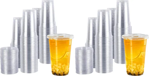 Vista 9 de TashiBox vasos de plástico con tapas [12 onzas 100 vasos y 100 tapas planas], vasos desechables de plástico transparente, vasos para batidos