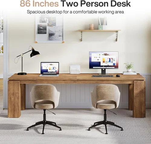 Vista 4 de Tribesigns Escritorio de madera para dos personas de 86 pulgadas, moderno escritorio doble para computadora, mesa de estación de trabajo extra larga