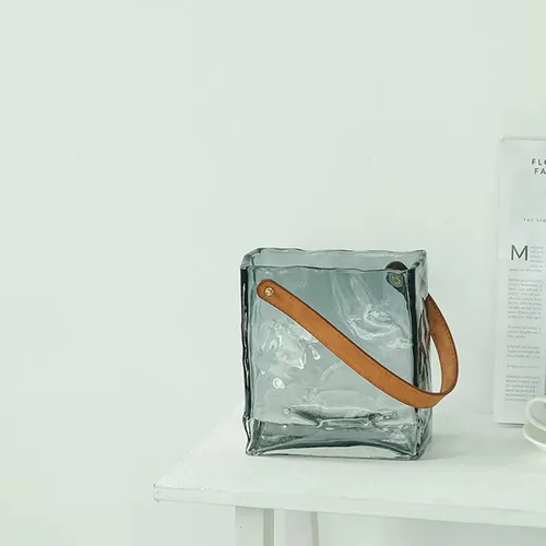 Vista 8 de Wnvivi Florero para flores, jarrones de vidrio, cuenco de pescado con asa, bolso plisado irregular en forma de jarrón de vidrio para centro de mesa