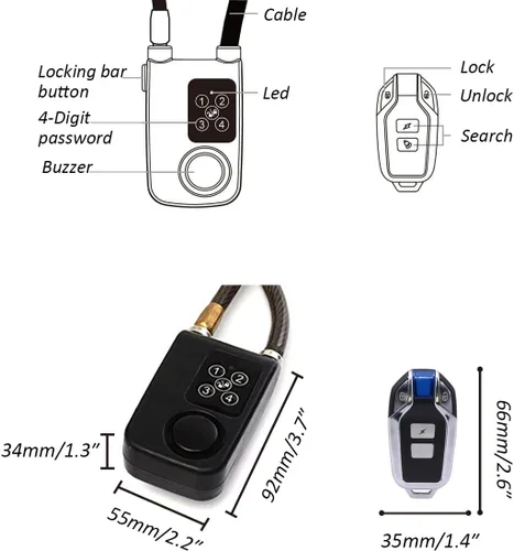 Vista 4 de Mengshen Candado para bicicleta con control remoto, alarma de vibración antirrobo con 31 pulgadas de longitud de cable, impermeable IP55