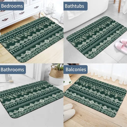 Vista 5 de Bath Mat Rug Rustic Green Fair Isle Holiday Print Thin Diatomaceous Earth Bath Mat Forest Green Knit Super Absorbent Ultra Thin Bathroom Rugs Fit